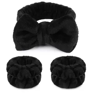 Makeup Headbands, 1pcs Black Spa Headband Fluffy Bow Tie Headband Microfiber Face Headband, and 2Pcs Wrist Spa Wash Band Absorbent Wristbands, for Washing Face Skin Care