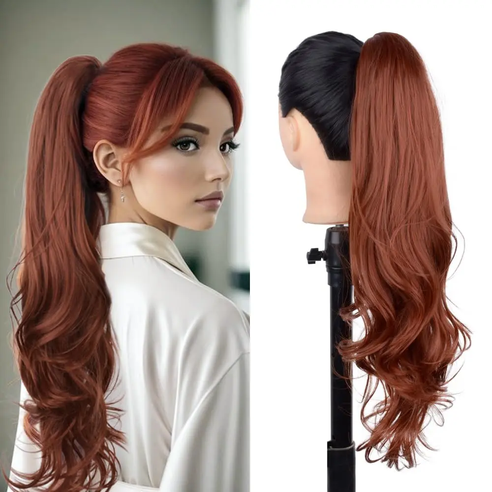 Ponytail Extension 20 Inch Claw Clip in Drawstring Ponytail Hair Extensions for Women Long Curly Wavy Synthetic Pony Tails Hairpiece Copper Red