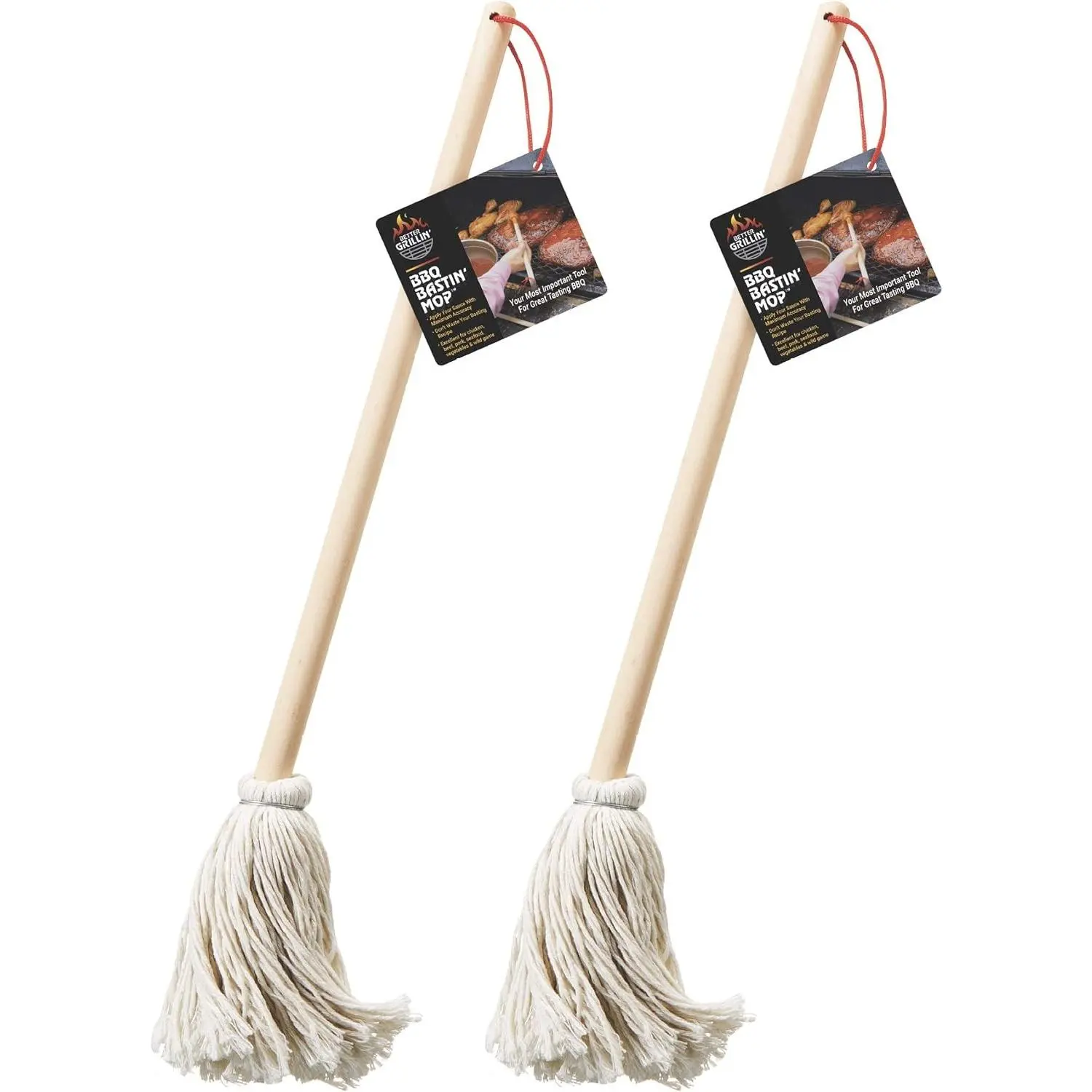 Better Grillin BBQ Bastin Mop Basting Barbecue Brush/Mop Easily Applies Marinades, Sauces, Washes Out, 16in Handle, 2pk