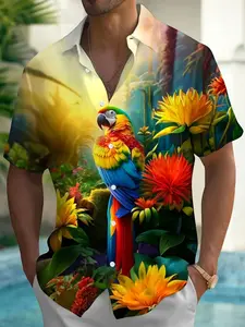 Men's Tropical Floral Print Hawaiian Polo Shirt, Slim-Fitting Short Sleeve Button-Up, Casual Summer Blouse, All over Print