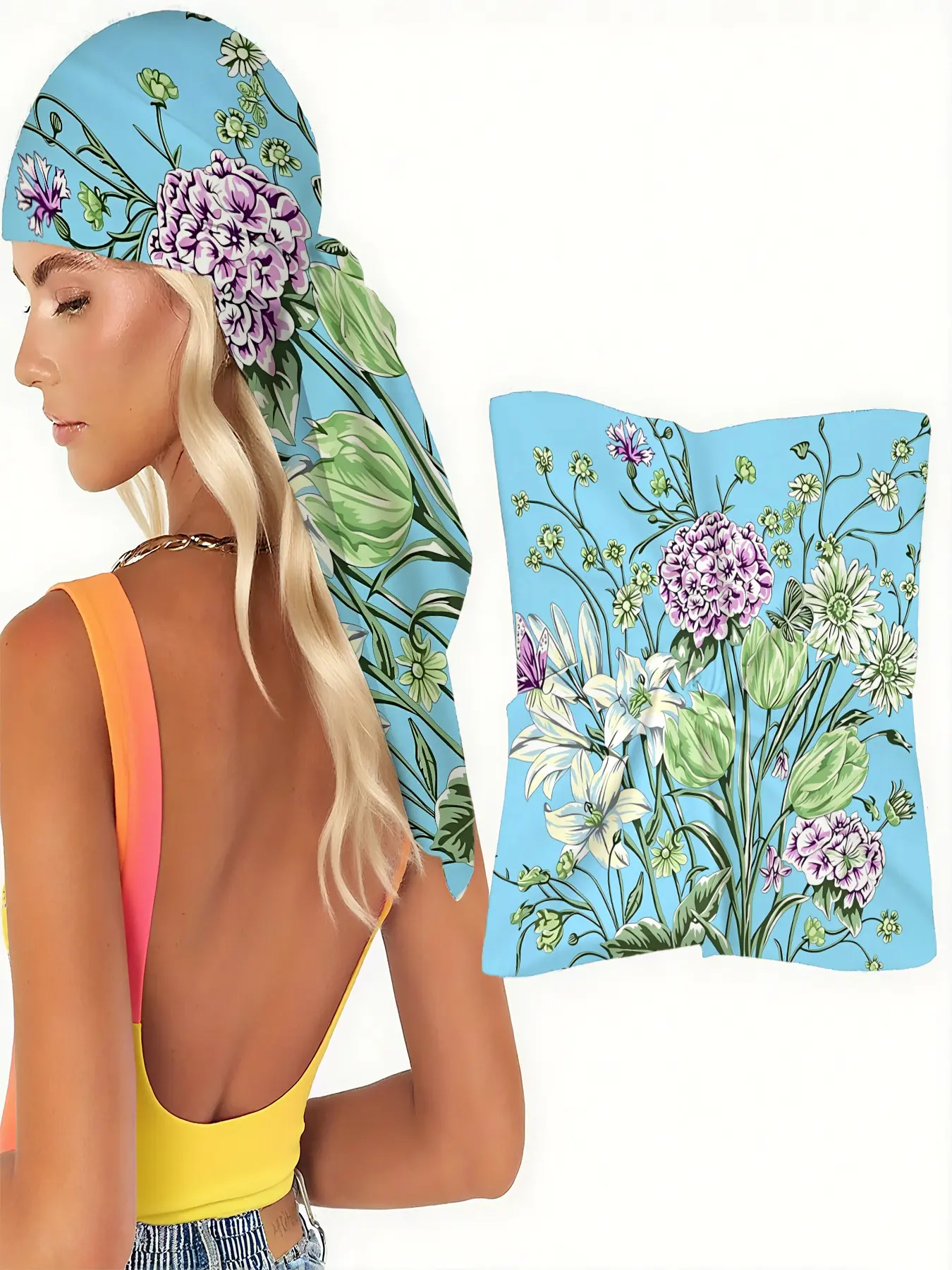 Scarf for hair, head, neck and handbag- Sky Blue, Purple & Green Floral Bouquet, Versatile shawl Botanical Garden Style, perfect as a bandana for Spring Picnic, Garden Party & Vintage Floral Outfits