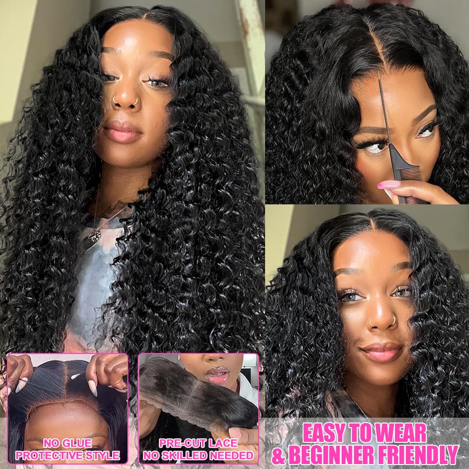 38Inch Deep Wave 13x6 Lace Front Wigs Drawstring Glueless Wig Human Hair 180 Density 13x4 HD Lace Frontal Wigs Human Hair Pre Plucked Deep Curly Glueless Wigs Human Hair for Women Natural Black