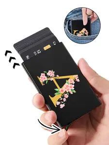 Letter & Cherry Blossom Tree Pattern Card Holder, Minimalist Wallet, Pop-Up Card Storage, Credit Card Holder, Metal Thin Card Bag, Wallet for Men & Women