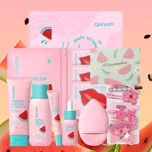 Quiyum Watermelon Niacinamide Skincare Gift Box - Essence 30ml, Sheet Mask 25g x3, Cleansing Milk 100g, Toner 160ml, Eye Cream 20g, Lip Mask 6g x3, Gift Box, Greeting Card, Cleansing Puff, Hair Clip