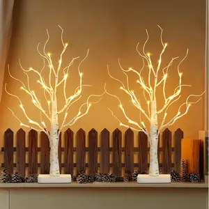 Birch Tree with Led Lights, 4th of July Tree, Lighted Mini Small Artificial Tree Lamp Prelit Twig Trees Timer  Operated for Christmas Table Centerpiece  Decor Indoor 2Pack