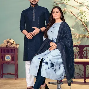 Navy Blue Pure Viscose Couple Set for Women and Men with Lining Kurti Fabric and Kurta Fabric Long Sleeve Shibori Print Dupatta Ideal for Weddings and Festivals