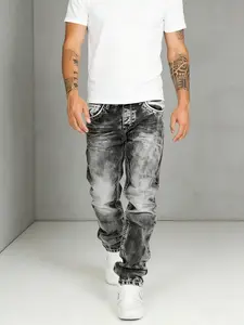 Men's Trendy Regular Fit American Street Straight Leg Jeans, Washed Snowflake Design, Elastic Back Pockets, Embroidered Denim Jeans, Streetwear