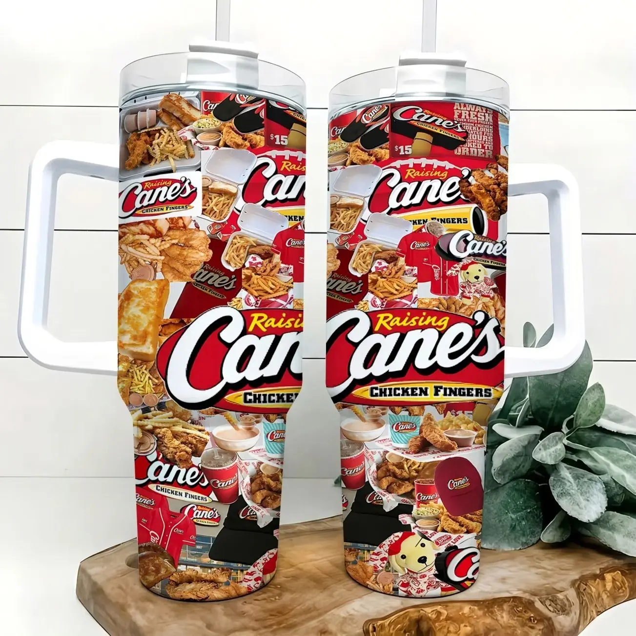 Raising Cane’s Inspired 40oz Insulated Tumbler with Handle and Straw Chicken Fingers Fast Food Collage Red Logo Stainless Steel Water Bottle Travel Mug Birthday Gift for Fast Food Fans