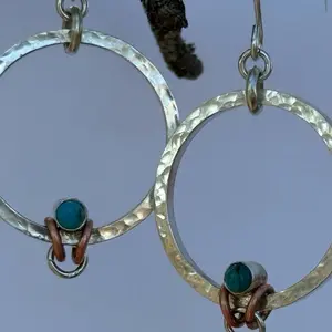 Sterling Silver Dangle Hoop Earrings with 3mm round Turquoise and Copper Accents