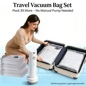 Travel Vacuum Bag Set with USB Rechargeable Electric Pump - 15-Piece Reusable Vacuum Sealed Bags for Comforters Blankets Clothes Storage - Save Up to 80% Space