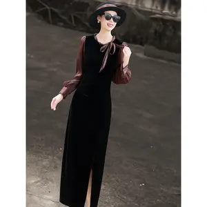 Lancer 2025 Autumn New Arrival Elegant Vintage Long Sleeve Patchwork Tie-Up Black Velvet Dress