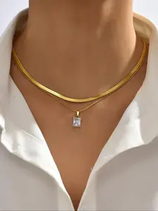 Women's Square Shaped Pendant with Zirconia Necklace, Fashion Matching Necklace, 2pcs Fashion Jewelry, Cubic zirconia pendant, Daily wear necklace, for Party, Daily Clothing Decor, Jewelry for Birthday Gift, Cz Prong Necklace