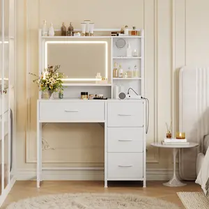 Garvee Modern Vanity Desk with Square Mirror, 35.4'' Makeup Dressing Table with Open Shelves & 4 Fabric Drawers, Large Storage Vanity Table for Bedroom, Ideal Gift for Girls & Women