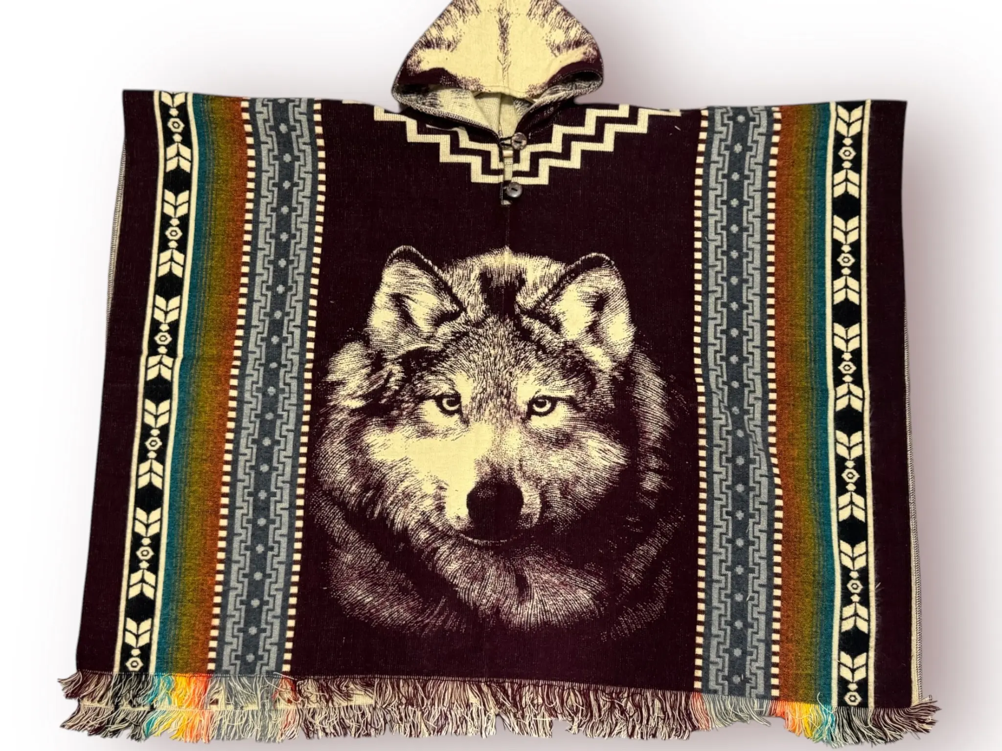 Handmade “Lone Wolf” Alpaca Wool Hooded Poncho | Blue and Yellow Tribal Design | Bohemian Fringe Cape | Cozy Winter Wear | One Size Fits All | UNISEX Sweaters Menswear