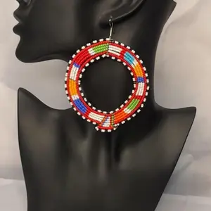 African Earrings with Colorful Beads and Gold Spiral Design Custom Made Fashion Jewelry