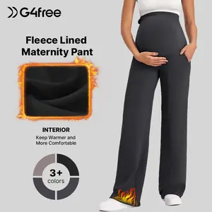 Fleece Lined Maternity Yoga Pants Over The Belly Stretchy Wide Leg Warm Pregnancy Work Trousers with Pockets
