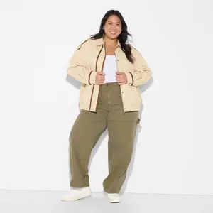 Women's Canvas Faux Leather Trim Bomber Jacket - Wild Fable Beige 1X