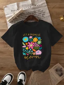 Women's Floral & Letter Print Round Neck Tee, Fashion Casual Crew Neck T-Shirt for Daily Holiday Vacation Outdoor Wear, Ladies Clothes for Summer