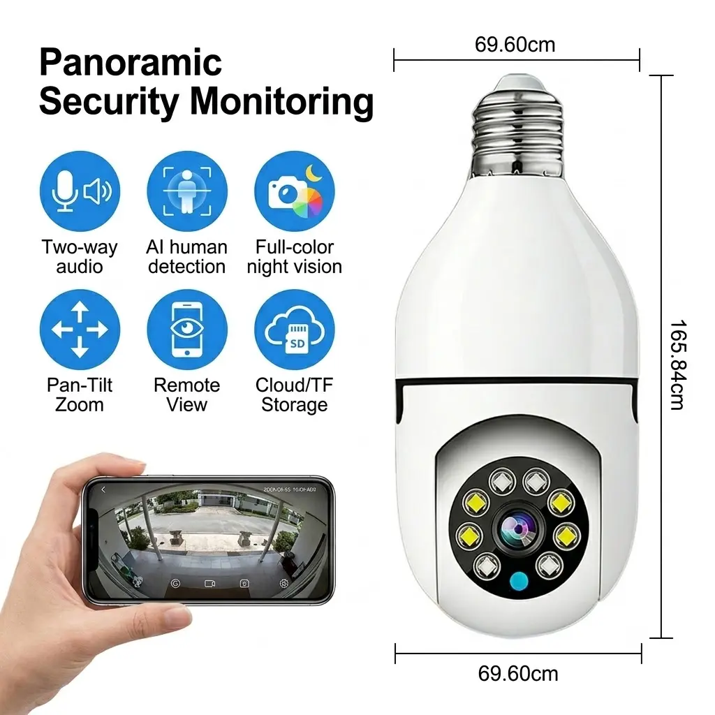 Kgarden Smart WiFi Security Bulb Camera - Full-Color Night Vision, Easy Installation, Motion Detection, 2-Way Audio, Dual-Band 5G/2.4G Wi-Fi, US-Based Cloud Storage, Secure Socket Power Supply, Video Monitoring, Smart Home Gadgets, Home Security