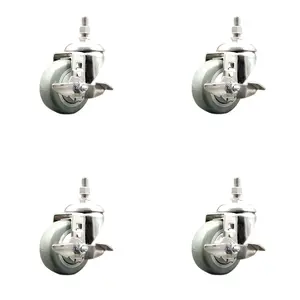 212 MAIN Heavy-Duty Lockable Wheels Furniture Swivel Stem Caster Set of 4, SCC-SS316TS20S3514-PPUB-TLB-M1015-4, 3.5 in. Gray Polyurethane Wheels, 10 mm Threaded Stems, 316 Stainless Steel Build, Top Brake