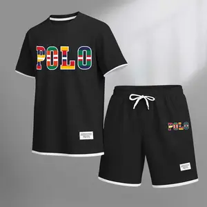 Men's Polo Print Drawstring Shorts Set For Spring/Summer. A Casual Summer Outfit, Including A Short-Sleeved Shirt And Shorts, Suitable For Everyday Wear And Sports. A Two-Piece Set For A Relaxed And Energetic Lifestyle.