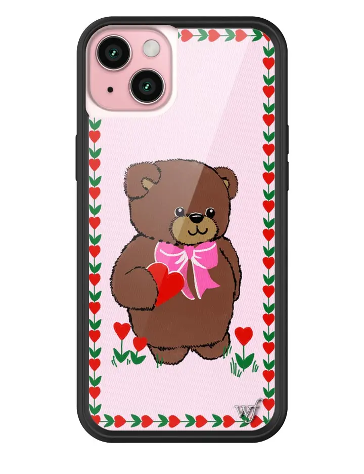Danielle Guizio Bear | Limited Edition Trendy Collab iPhone Case | Raised Protective Black Bumper | Women Owned Small Business | Pretty Pink Background Red Heart Flowers Brown Teddy Bear Pink Bow | Safety Casing Protective | Gift for Her