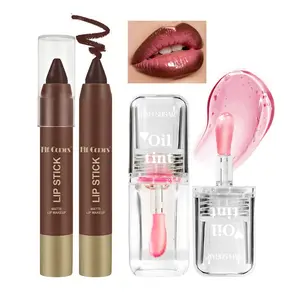 Lipstick Duo Set, Lip Liner & Transparent Pearl Gloss, Long-Lasting Chocolate Flavor, Matte Waterproof Non-Sticky Lips, Glossy Lip Oil Combo