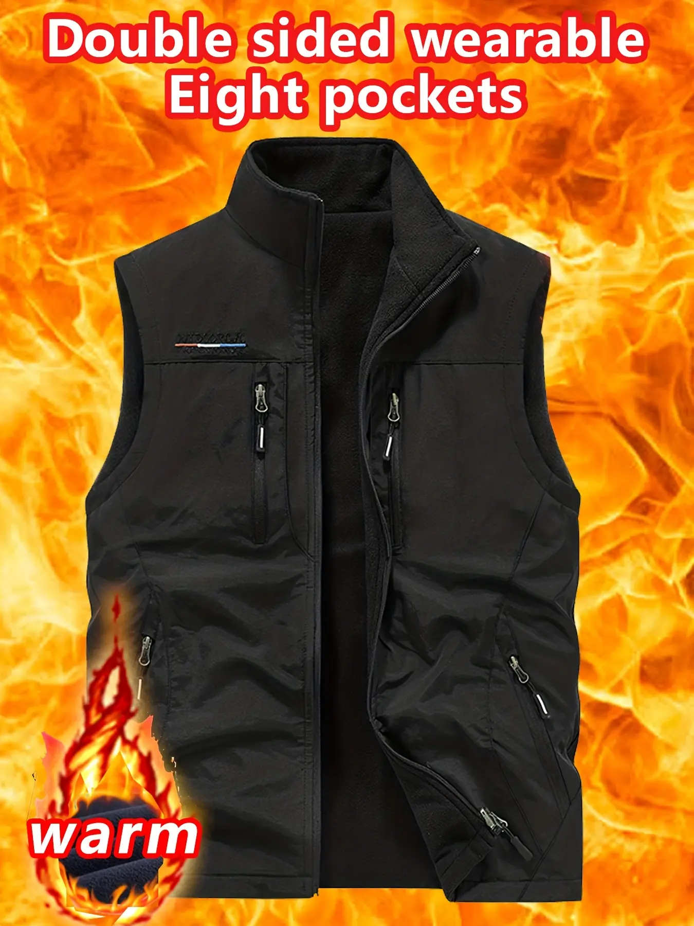 Men's Two-Sided Wearable Vest, 8 Pockets with Fleece Lining, 2-in