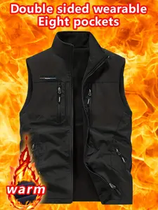 Men's Two-Sided Wearable Vest, 8 Pockets with Fleece Lining, 2-in-1 Warm Sleeveless Jacket, Available in Multiple Colors for Hunting, Hiking, Casual Use
