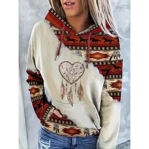 Women's Ethnic Pattern Patchwork Horse Print Drawstring Hoodie, Casual Long Sleeve Drop Shoulder Hooded Sweatshirt for Daily Holiday Outdoor Wear, Ladies Clothes All Seasons(gift) football jersey pads Warm Precision Smart LED Ventilated Cycling Helmet