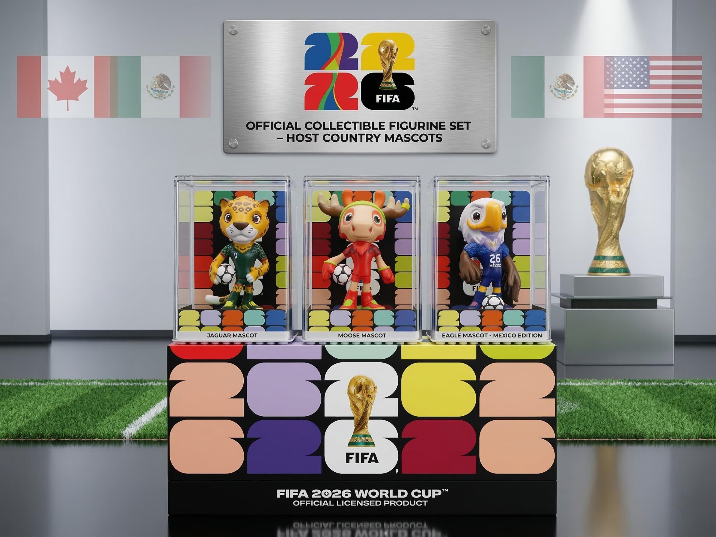 FIFA 2026 World Cup Mascot Figurine Set - Limited Edition Collectible Figurines Featuring Eagle Clutch, Moose Maple, and Jaguar Zavu - High-Clarity Display Case & Exclusive "26" Pitch Base