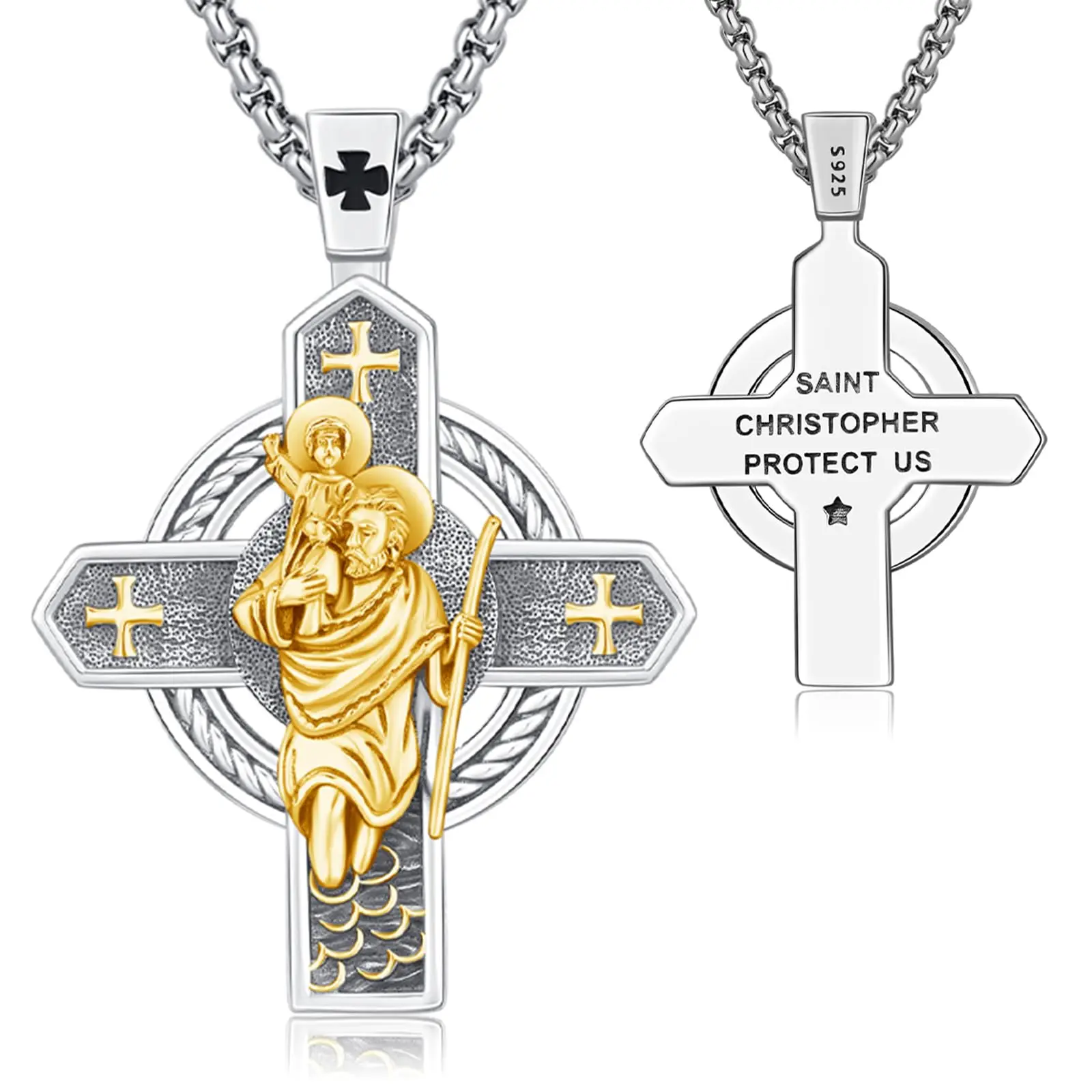 DRINSPER 925 Sterling Silver Religious Cross Necklace for Adults - Hypoallergenic, Cadmium-Free, Gold-Tone Textured Engraved Saint Christopher Link Pendant, Cross Design Style, 12-Month Daily Wear Unisex Retro Spiritual Driver Safety Jewelry