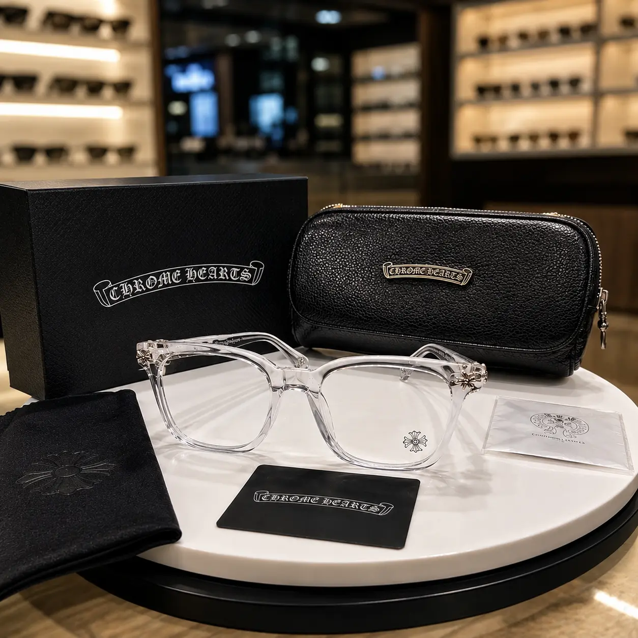 Chrome Hearts Clear Square Optical Glasses, Crystal Transparent Frame, Silver Cross Temple Detail, Luxury Eyewear for Adults, Ships in 5–7 Days