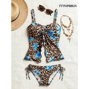 Women's Summer Sexy Wild Leopard & Blue Floral Print Twist Front Ruffle Split Tankini Set, Adjustable Strap Side Tie Two Piece Summer Bikinis Swimsuits Outfits For Women, Beach Vacation Pool Party Honeymoon Tropical Getaway