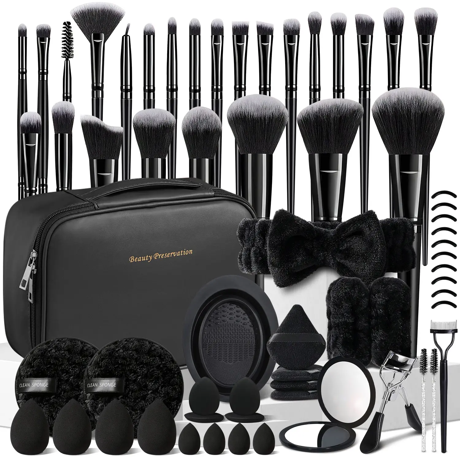54-Piece Black Makeup Kit, Beauty Tools Set, Makeup Tools Set, Cosmetics Brushes Set, Includes 25 Brushes, Cosmetic Bag, Makeup Sponges, Makeup Mirror, Cleaning Sponge, Cleaning Brush, Eye Makeup Tools, Makeup Brush Cleaner