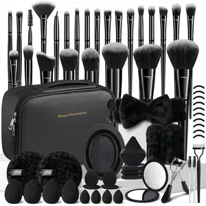 54-Piece Black Makeup Kit, Makeup Tools Set, Includes 25 Black Brushes, Cosmetic Bag, Makeup Sponges, Triangle puff, Headband & Wristbands, Makeup Mirror, Cleaning Sponge, Cleaning Brush, Eye Makeup Tools - Makeup Kit Ideal for Women, Makeup Brush Cleaner