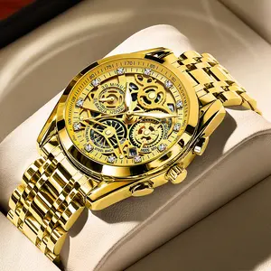 Men's Luxury Gold Skeleton Quartz Watch - Fully Iced Out Diamond Encrusted Wristwatch with Chronograph Tachymeter, Date Display, Stainless Steel Band, Perfect Gift for Him