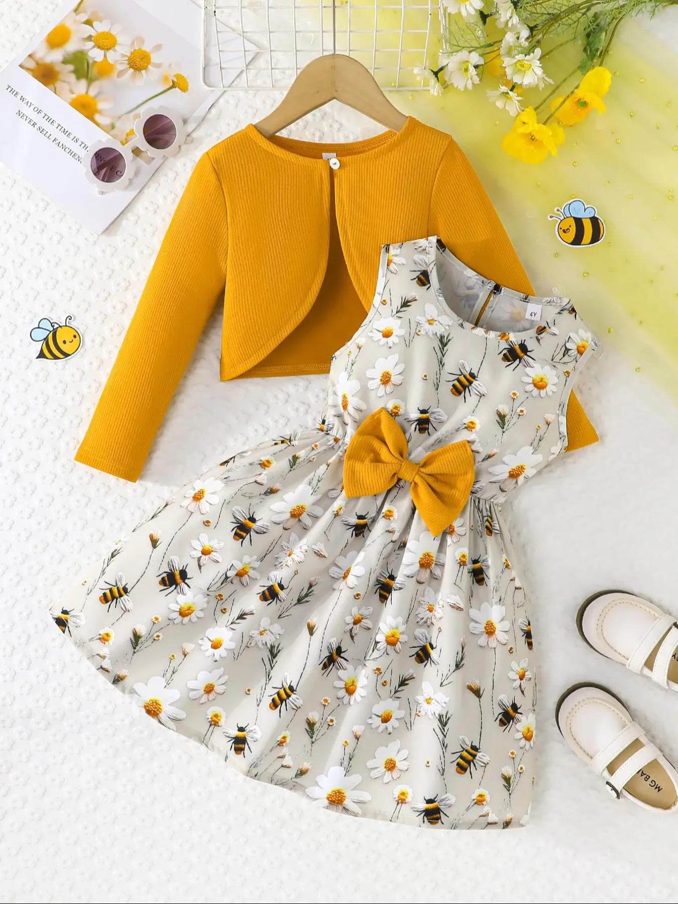 Toddler Girl's Long Sleeve Outerwear & Bee Print Dress Two-piece Set, Cute Casual Outfits for Little Girls Daily Wear, Kids Clothes for Spring