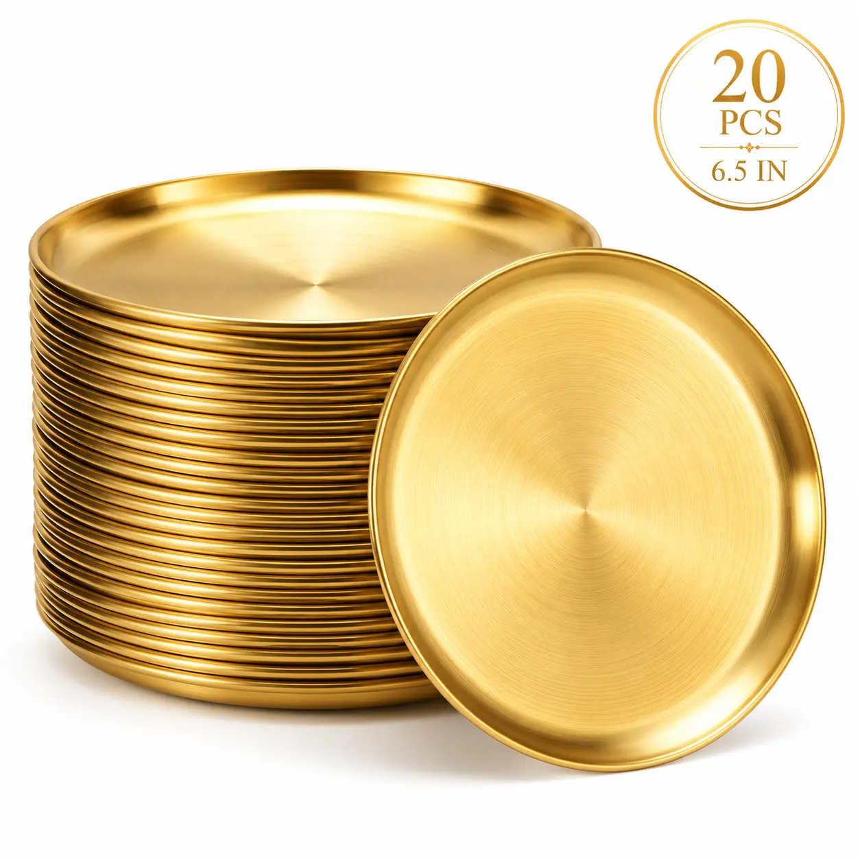 Portable Rust-Resistant Stainless Steel Plates, 20-Pack 6.5" Gold Round Reusable Kitchenware for Camping, BBQ Parties & Events