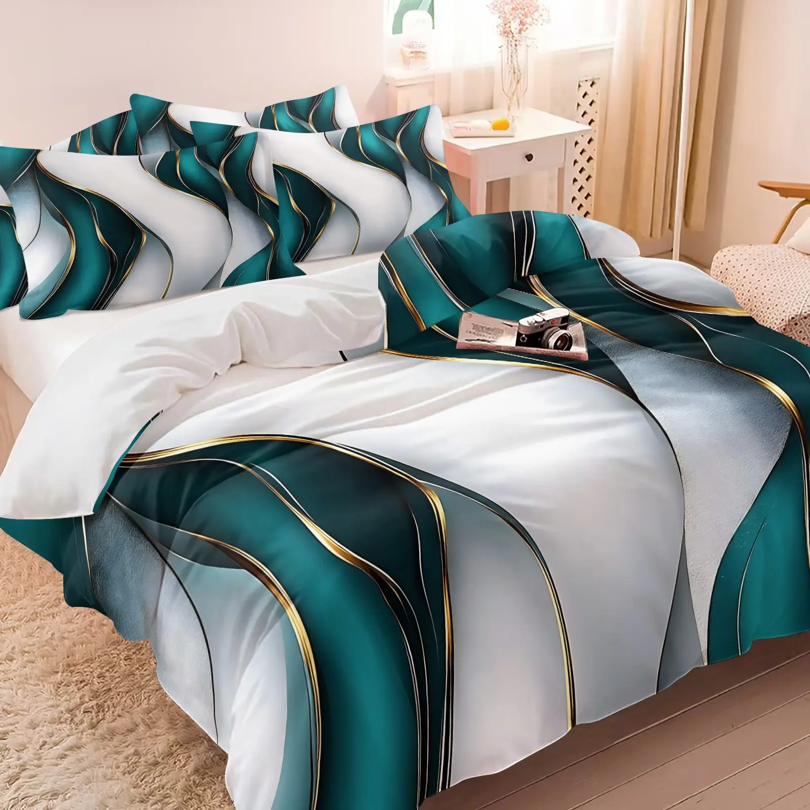 Luxury Fluid Art Duvet Cover Set, 1 Duvet and 1-2 Coreless Pillowcases, Abstract Flow Lines with Sophisticated Color Schemes, Soft  Comfortable Bedding, Modern Minimalist Bedroom Decor, Gift Idea