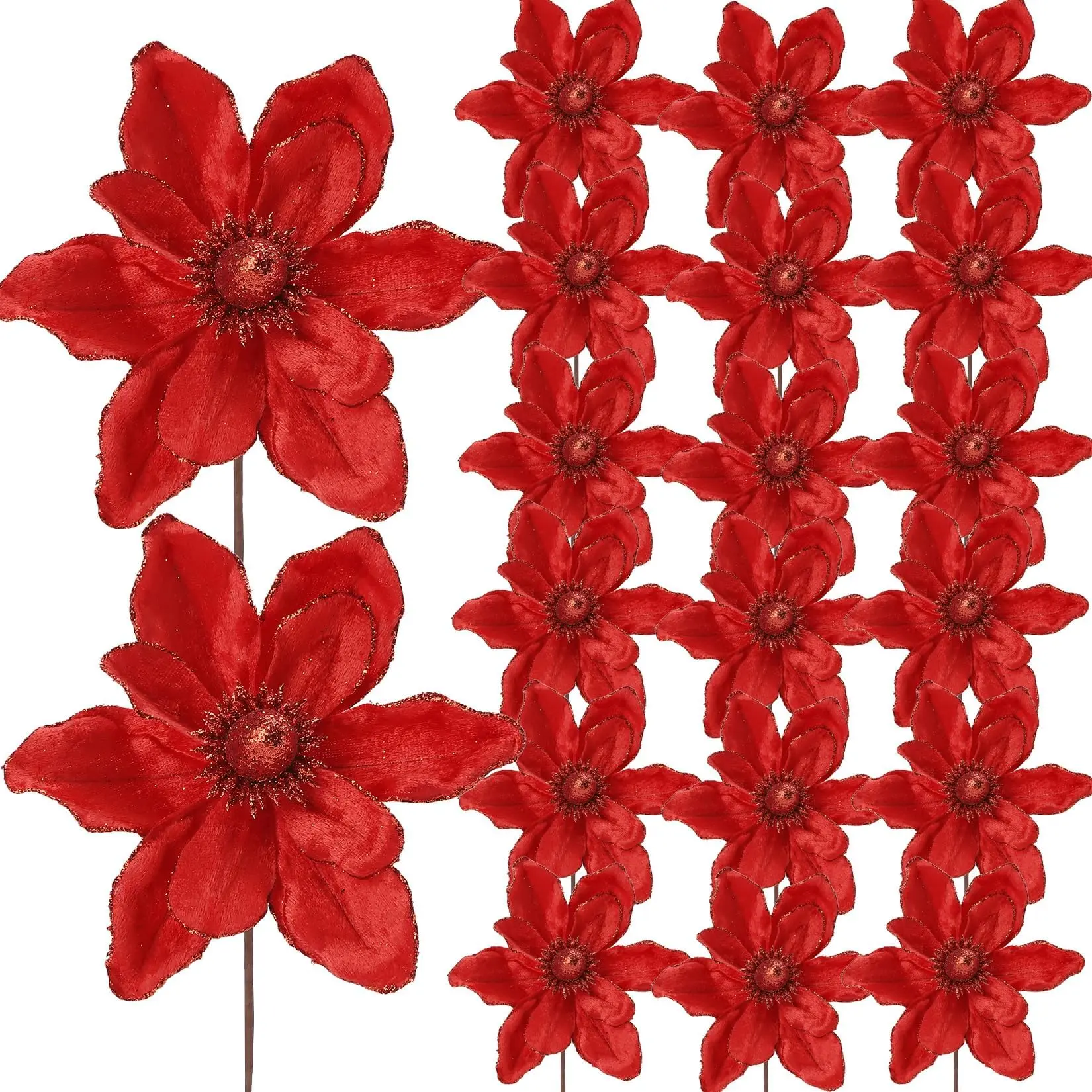 20-Piece Large Christmas Artificial Flowers Set - 6.3-Inch Magnolia & Poinsettia Velvet Ornaments with Bendable Wire Stems for Xmas Tree, Wreath, Table Decor, Easy Storage, Floral