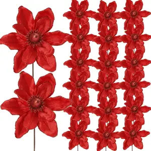 20 Pcs Large Christmas Flower, Artificial Magnolia Flowers Christmas Tree Decoration, Artificial Poinsettia Stems Velvet Ornaments for Xmas Tree Wreath Table Decor