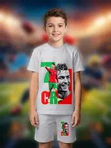 Boys' Bottom Color Portugal National Team Cr7 Image + Number 7 Printing, Colors, Football Competition Style Sports Jersey Top Tee & Shorts