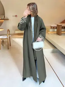 1-Piece Olive Green Open Abaya with White Floral Embroidery Cuffs, Casual Modest Muslim Kimono Outerwear