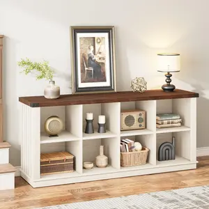 8 Cube Storage Organizer Bookshelf, Farmhouse Horizontal Bookcase, 62 Inch Wood Storage Bookcase for Entryway, Long Low Bookshelves Shelves