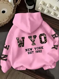 Women's Ny Graphic Print Hoodie, Cozy Casual Hooded Sweatshirt with Drawstring, Leopard New York Lettering, Fall & Winter Wear