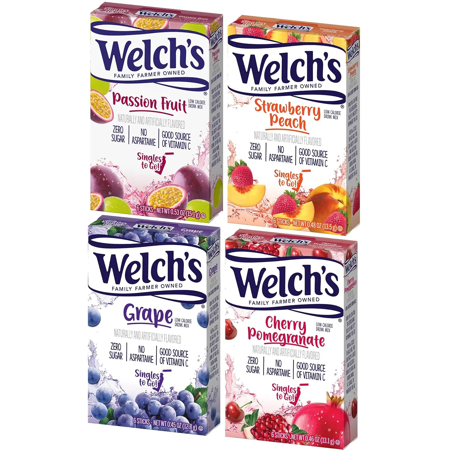 SINGLES TO GO! Welch's Drink Mix Variety of Cherry Pomegrante, Strawberry Peach, Passion Fruit and Grape
