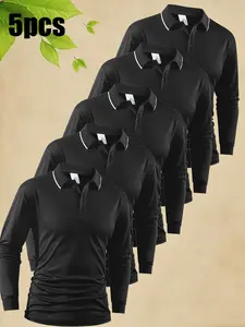 Men's 5-Piece Long Sleeve Polo Shirts, Ice-Cool Breathable Sweat-Free, Fashion Versatile, Office Commute, Daily Wear, Sports Casual