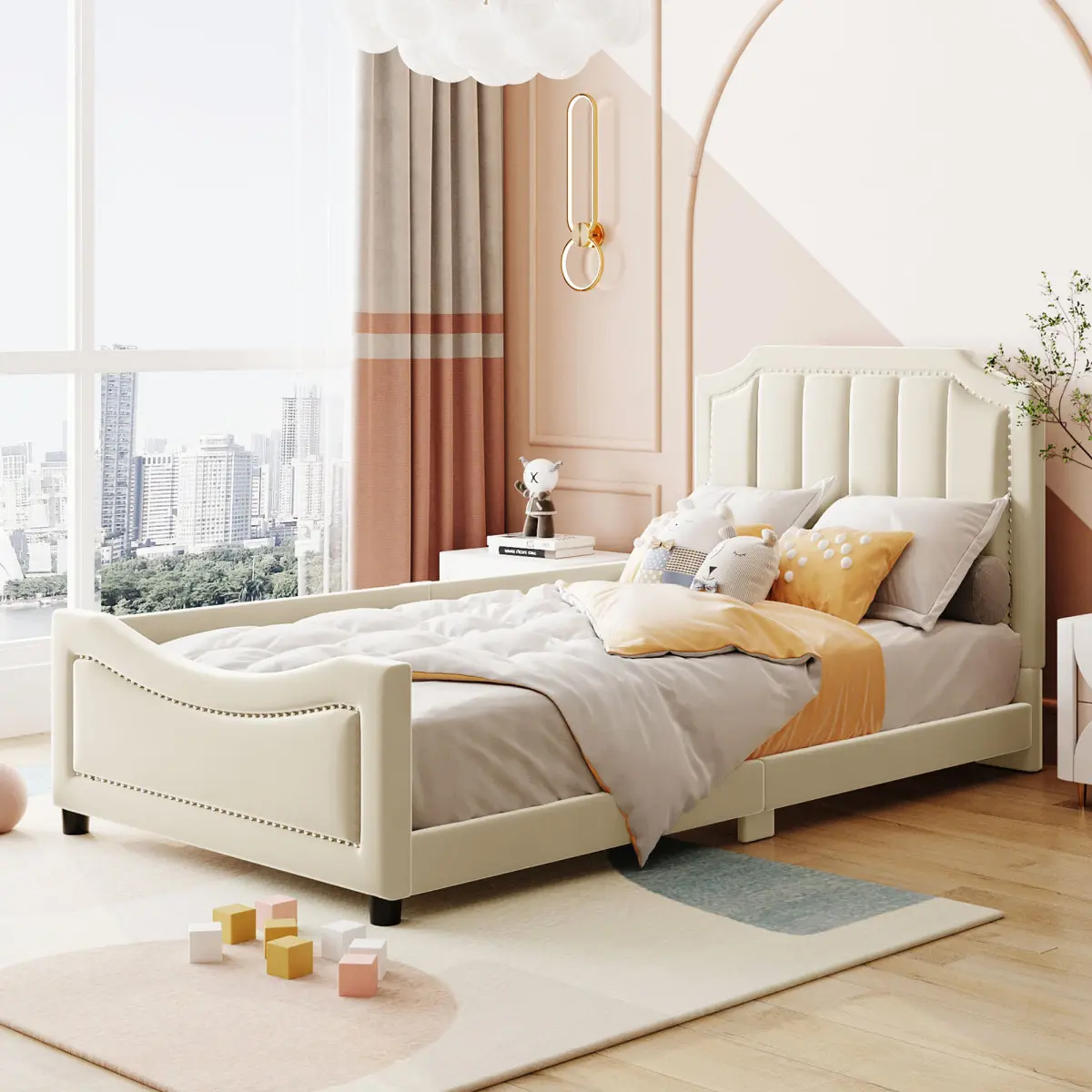 Modern Upholstered Twin Size Bed with Belgrave Headboard, Low Platform Frame with Rails, Velvet Kids Furniture Bedroom Bed with Slats Support, 78.7"l x 41.3"w x 40.1"h, Beige, Princess Bedroom Ready, Assembly Required