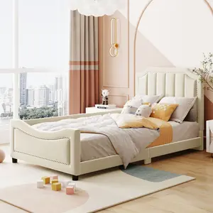 Twin Size Upholstered Bed with Belgrave Headboard, Low Platform Bed Frame with Rails, Kids Velvet Daybed with Slats Support for Girls Boys Teens, Beige